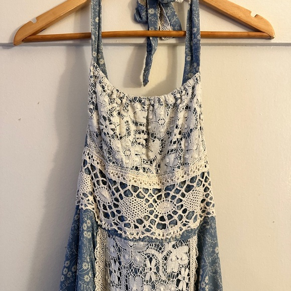 Vintage Gunne Sax Blue and White Lace Halter Dress